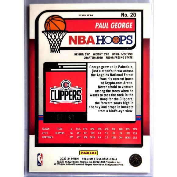 2023-24 NBA Hoops Premium Stock PAUL GEORGE #20 Gold Pulsar Prizm Paralle1 7/10 - Picture 2 of 3